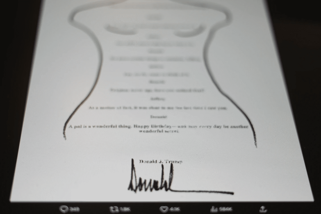 This image posted Monday, Sept. 8, 2025, on the X account of the Democrats on the House Oversight Committee shows a sexually suggestive birthday note to Jeffrey Epstein alluding to a "wonderful secret" and purportedly signed by President Donald Trump, who has denied sending the note.