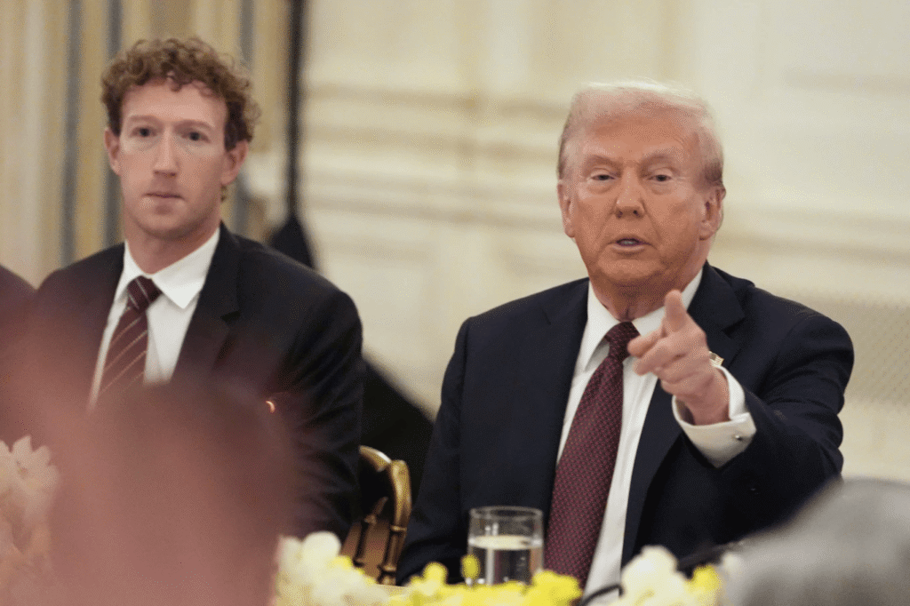 Facebook CEO Mark Zuckerberg listens as President Donald Trump speaks during a dinner in the State Dining Room of the White House, Thursday, Sept. 4, 2025, in Washington