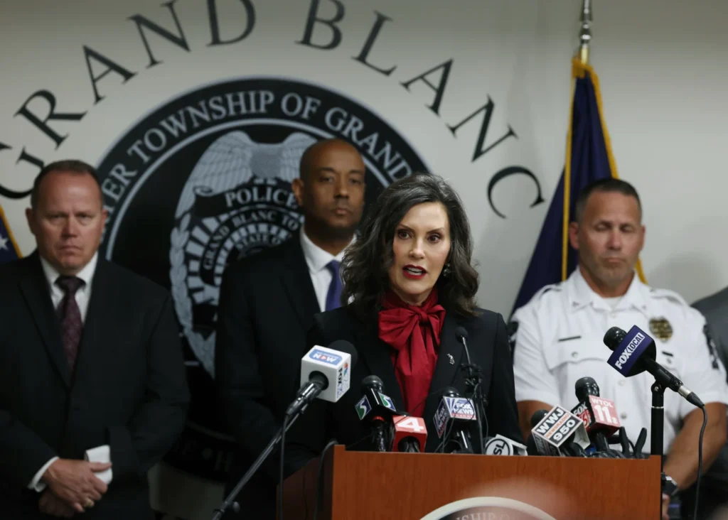 Michigan Gov. Gretchen Whitmer addresses the media, regarding the shooting