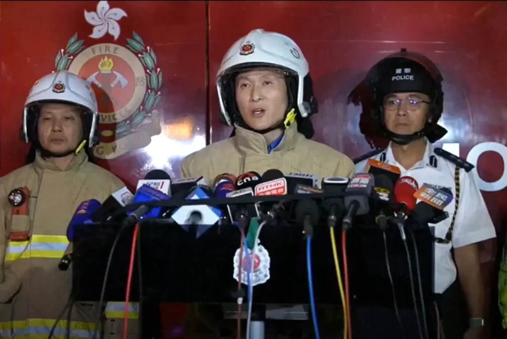 Derek Armstrong Chan, deputy director of the Hong Kong Fire Services Department, speaking to media