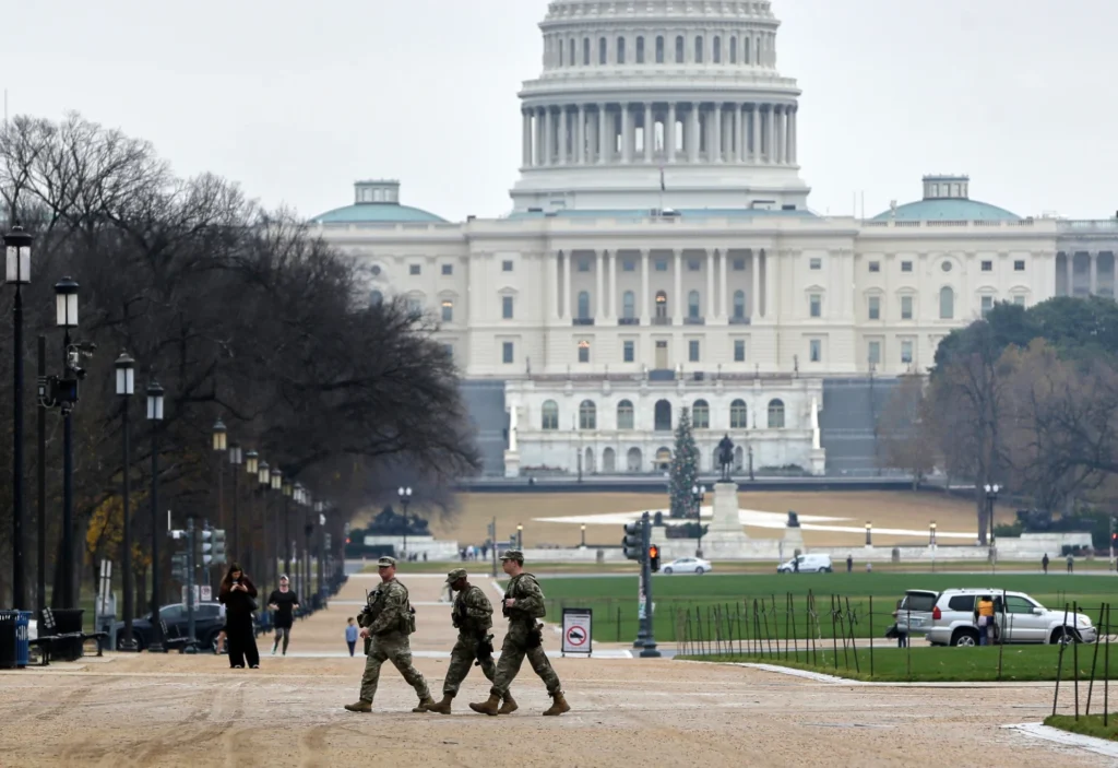 National Guard patrol on the National Mall near the U.S. Capitol in Washington