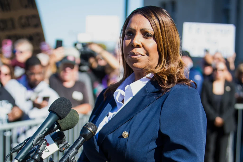 New York Attorney General, Letitia James, speaks after pleading not guilty outside the United States District Court on Friday, Oct. 24, 2025, in Norfolk, Va.