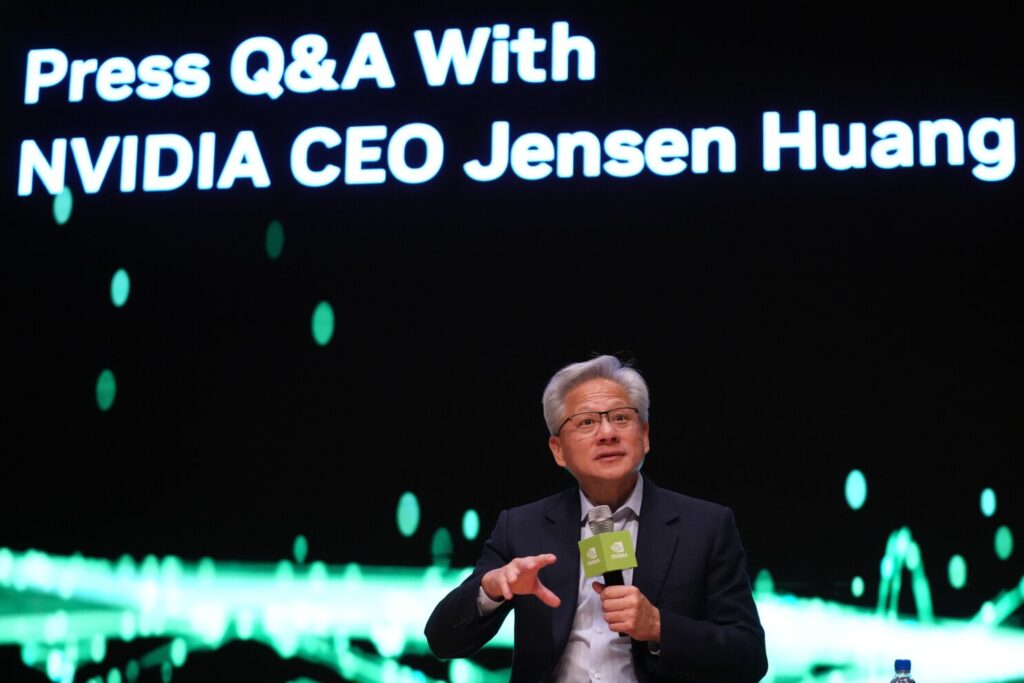 Nvidia CEO Jensen Huang speaks during a press conference at the Asia-Pacific Economic Cooperation (APEC) CEO summit in Gyeongju, South Korea, Friday, Oct. 31, 2025.