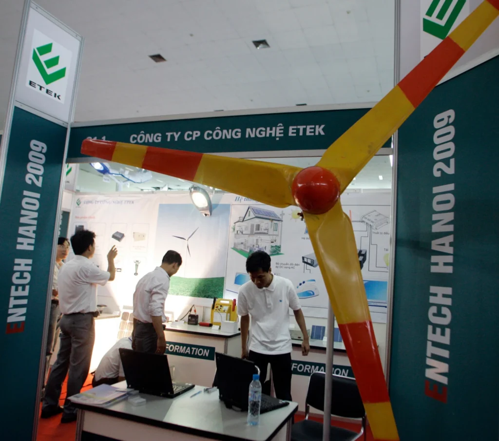 A wind turbine is seen at the booth of ETEK Technology Joint Stock company during Entech Hanoi 2009, an international trade fair on energy efficiency and the environment, at the Giang Vo Exhibition Center in Hanoi, Vietnam, 2009