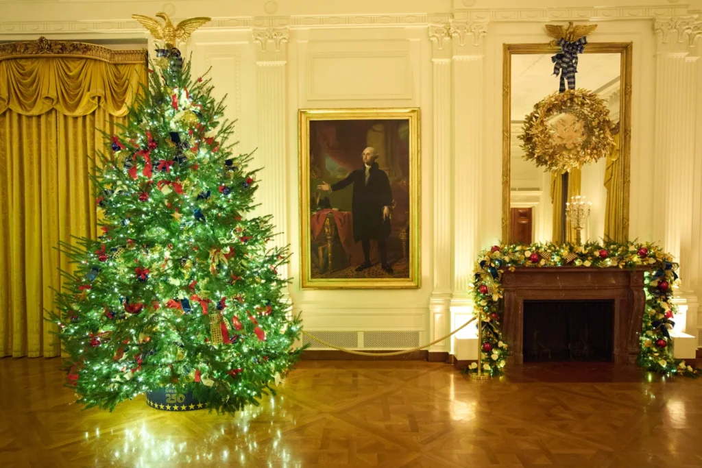 Christmas tress decorate the East Room of the White House during a press preview of the Christmas decorations "Home is Where the Heart Is", Monday, Dec. 1, 2025