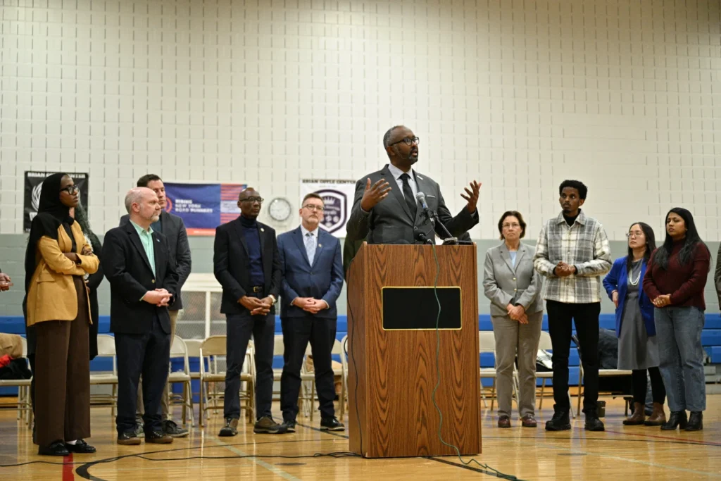 Jaylani Hussein speaks during press conference at Coyle Community Center in Minneapolis, Minneapolis