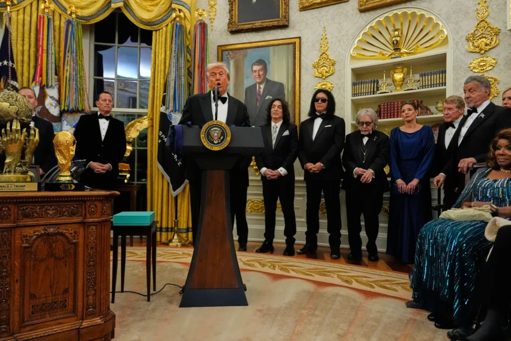 President Donald Trump speaks as he presents Kennedy Center Honors medals in the Oval Office reception of the White House, in Washington