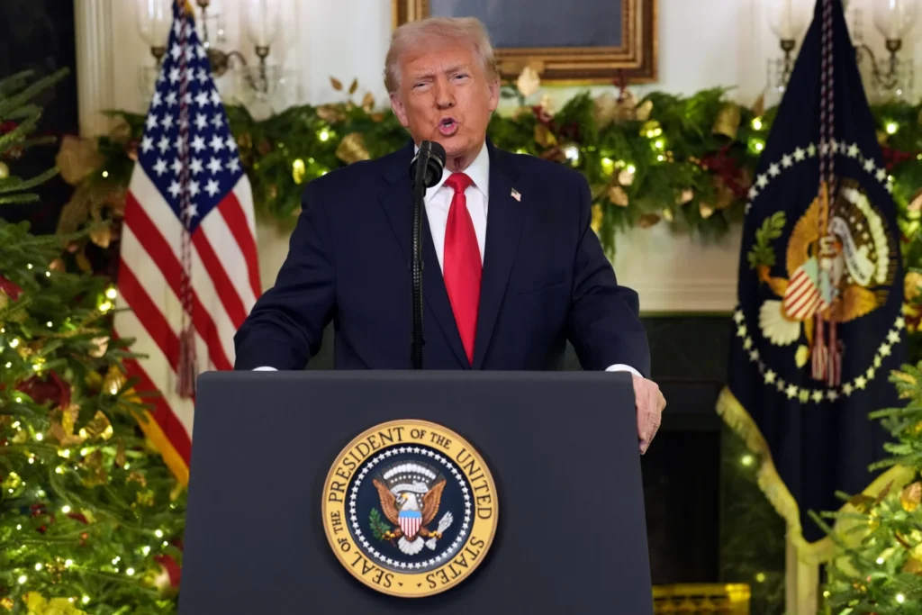President Donald Trump speaks during the address to the nation at the Diplomatic Reception Room at White House in Washington