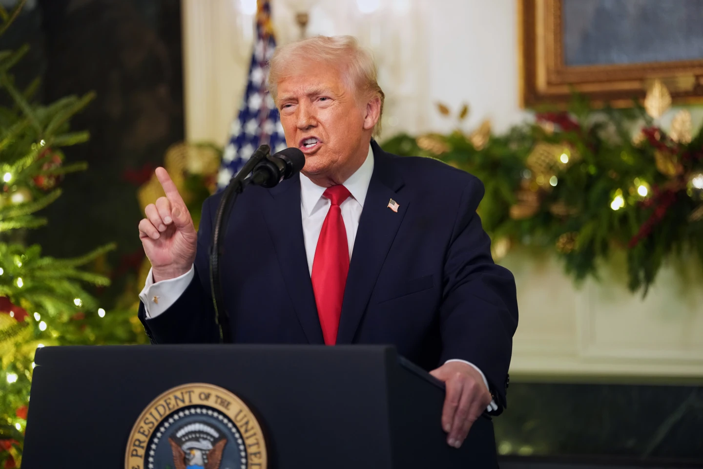 President Donald Trump speaks during the address to the nation at the Diplomatic Reception Room at White House in Washington