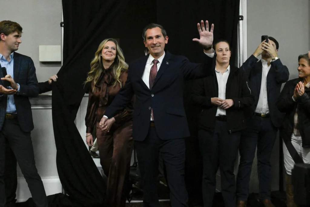 Republican candidate Matt Van Epps comes out with wife Meg Van Epps at a watch party in a special election for the U.S. seventh congressional district in Nashville, Tenn