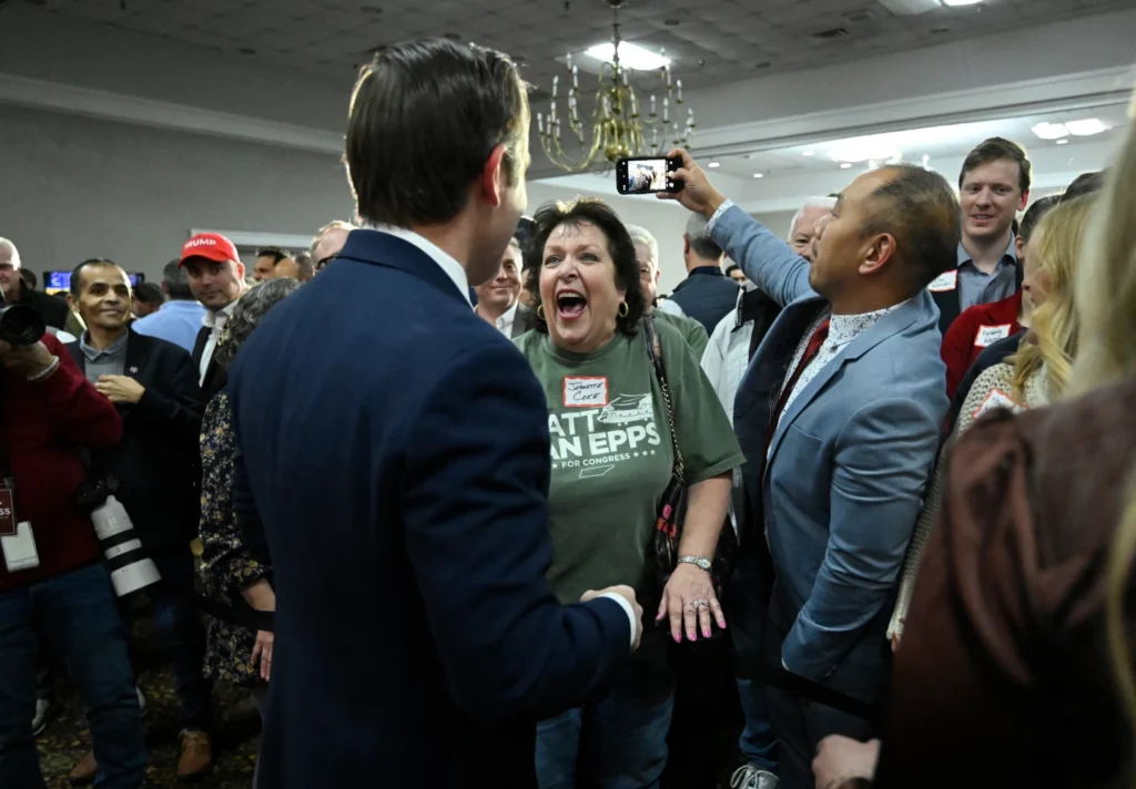 Republican candidate Matt Van Epps interacts with supporters at a watch party after announcing victory in a special election for the U.S. seventh congressional district in Nashville, Tenn 