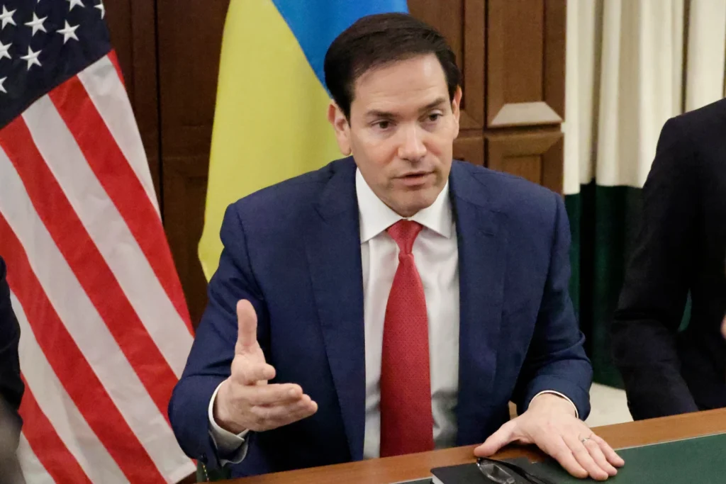 Secretary of State Marco Rubio speaks during a meeting with Ukrainian officials in Hallandale Beach