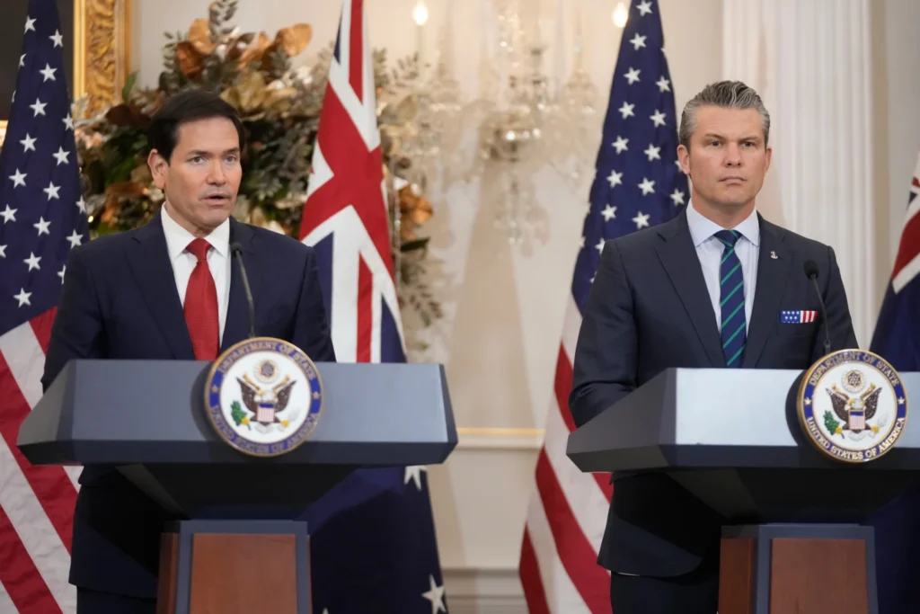 Secretary of State Marco Rubio speaks as Australian Deputy Prime Minister and Defense Minister Richard Marles, Australia's Foreign Minister Penny Wong and Defense Secretary Pete Hegseth listen at the State Department in Washington