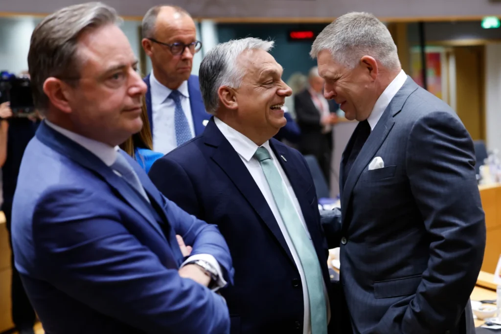 Belgium's PM, Germany's Chancellor, Hungary's PM and Solvakia's PM attend a round table meeting at an EU summit in Brussels